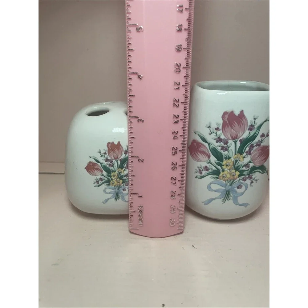 Vtg Restroom Granny Decor 2 Pc Ceramic Toothbrush Holder Cup Pink Cottagecore